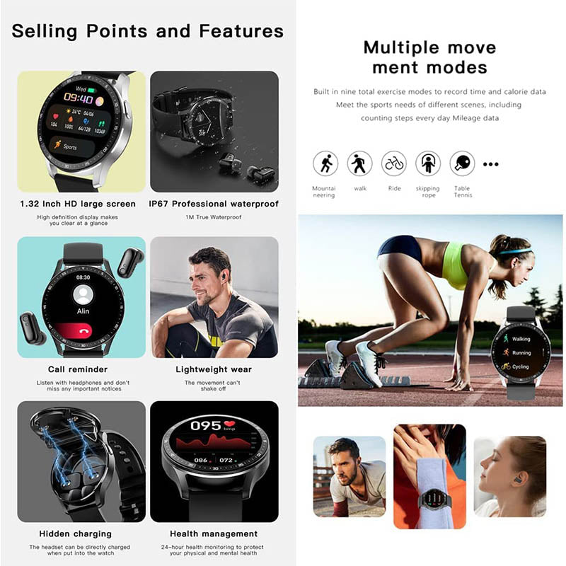 Waterproof Smart Sports Watch with Integrated Earphone - Versatile Fitness Companion for Android & IOS Users, Ideal for Active Lifestyles